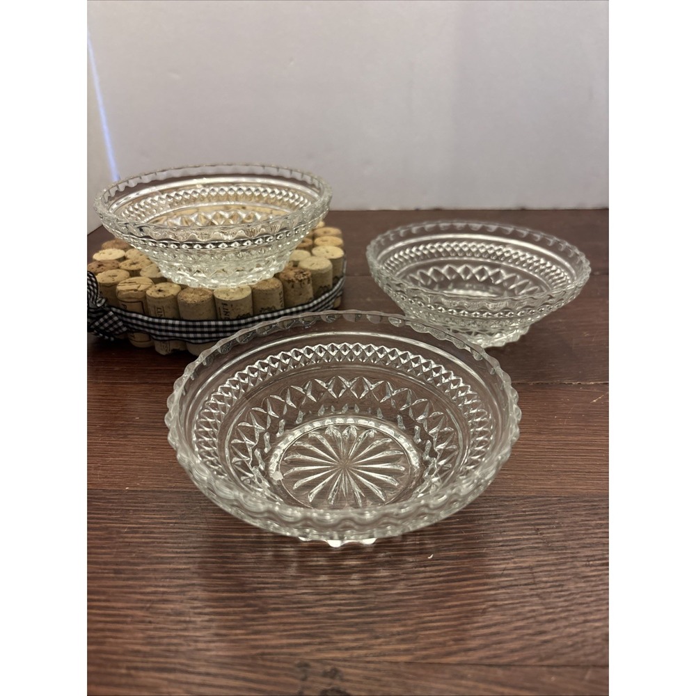 VTG Set 3 Anchor Hocking Wexford Clear Glass‎ Dessert Fruit Serving Bowl 5 1/4"